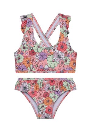 Floral-Bikini-Set mit mehrfarbigen Blumen auf rosa Untergrund, mit Rüschendetails am Oberteil und am Unterteil. Material wirkt glatt und dehnbar.