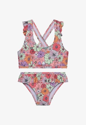 Floral-Bikini-Set mit mehrfarbigen Blumen auf rosa Untergrund, mit Rüschendetails am Oberteil und am Unterteil. Material wirkt glatt und dehnbar.