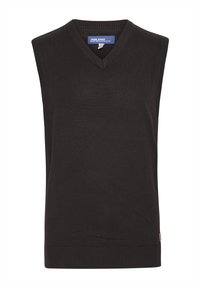 Svart ärmlös pullover-tröja med V-ringning och ribbad nederkant. Tillverkad av mjukt tyg. Har en liten varumärkesetikett på sidan.