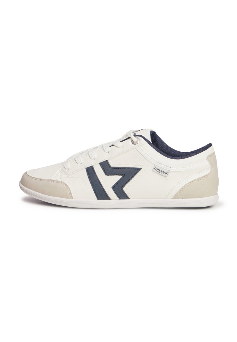 Weiße Sneaker mit marineblauen Akzenten, Obermaterial aus Leder, runde Zehenform, flache Sohle und ein auffälliges Zickzack-Design. Mit Schnürverschluss und Markierung.