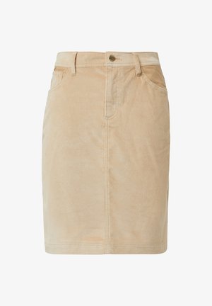 Šviesiai smėlio spalvos korduroy sijonas, pasižymintis prigludusia siluetu, priekinėmis kišenėmis, mygtukų uždarymu ir vertikaliu raukinio tekstūru.