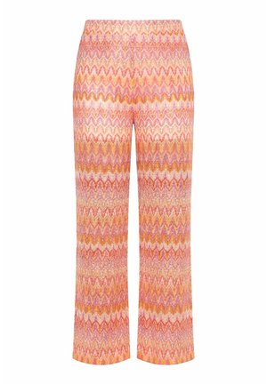 Wijd uitlopende broek met elastische tailleband in een meerkleurig zigzagpatroon met tinten roze, oranje en geel.