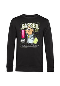 Svart sweatshirt med en tecknad karaktärs grafik och texten "Gassed", klara gula accenter och ytterligare färgglada textdetaljer.