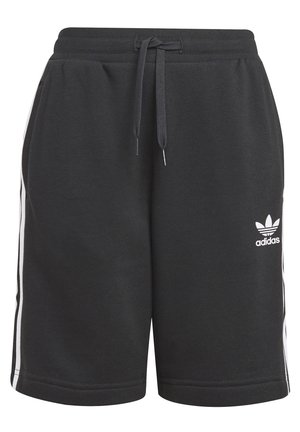 Mustat Adidas-shortsit valkoisilla sivuraidoilla, joustavalla vyötäröllä, jossa kiristysnyöri, ja Adidas-trefoil-logo vasemmassa lahkeessa.