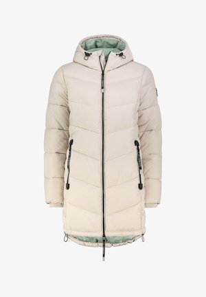 Beige gepolsterte Jacke mit Kapuze, Zickzacksteppung, Reißverschlusstaschen, schwarzen Hardware-Details und einem hellgrünen Innenfutter.