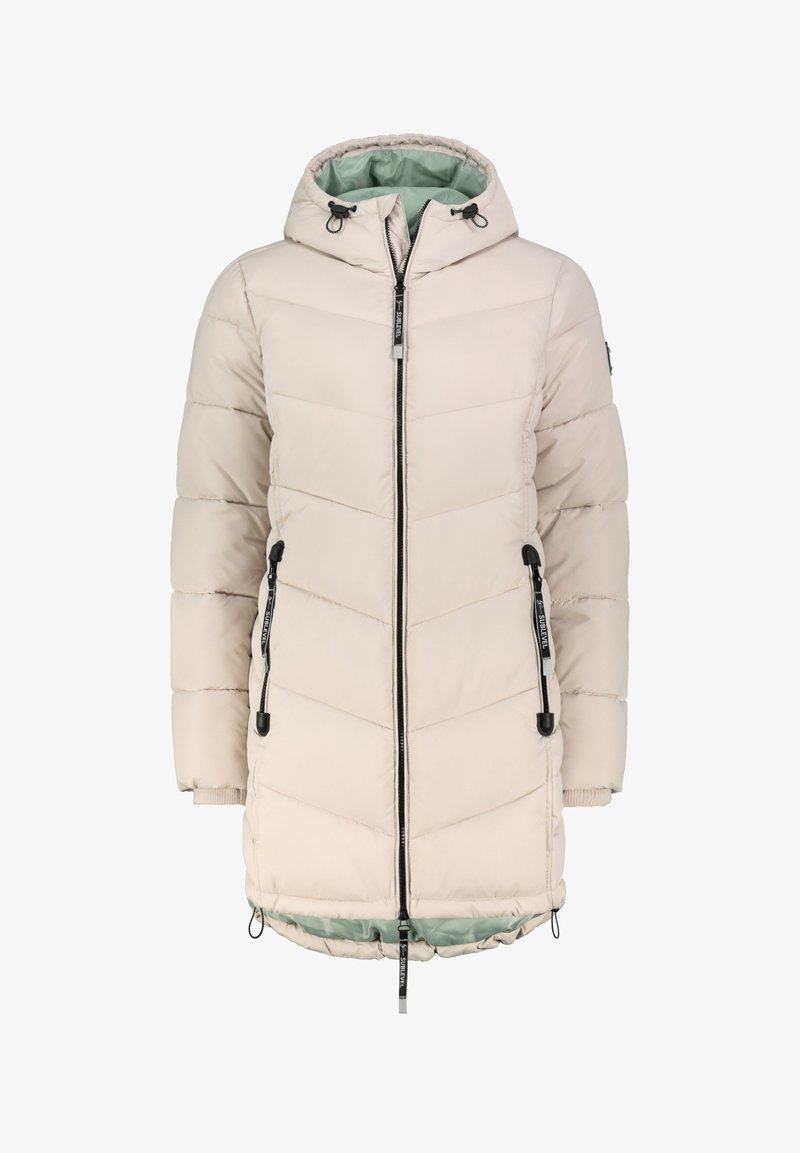 Beige gepolsterte Jacke mit Kapuze, Zickzacksteppung, Reißverschlusstaschen, schwarzen Hardware-Details und einem hellgrünen Innenfutter.