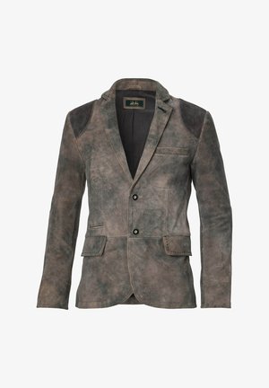 Brauner Lederblazer mit strukturiertem Finish, einreihigem Design, Reverskragen, zwei Fronttaschen und schwarzen Schulterakzenten.