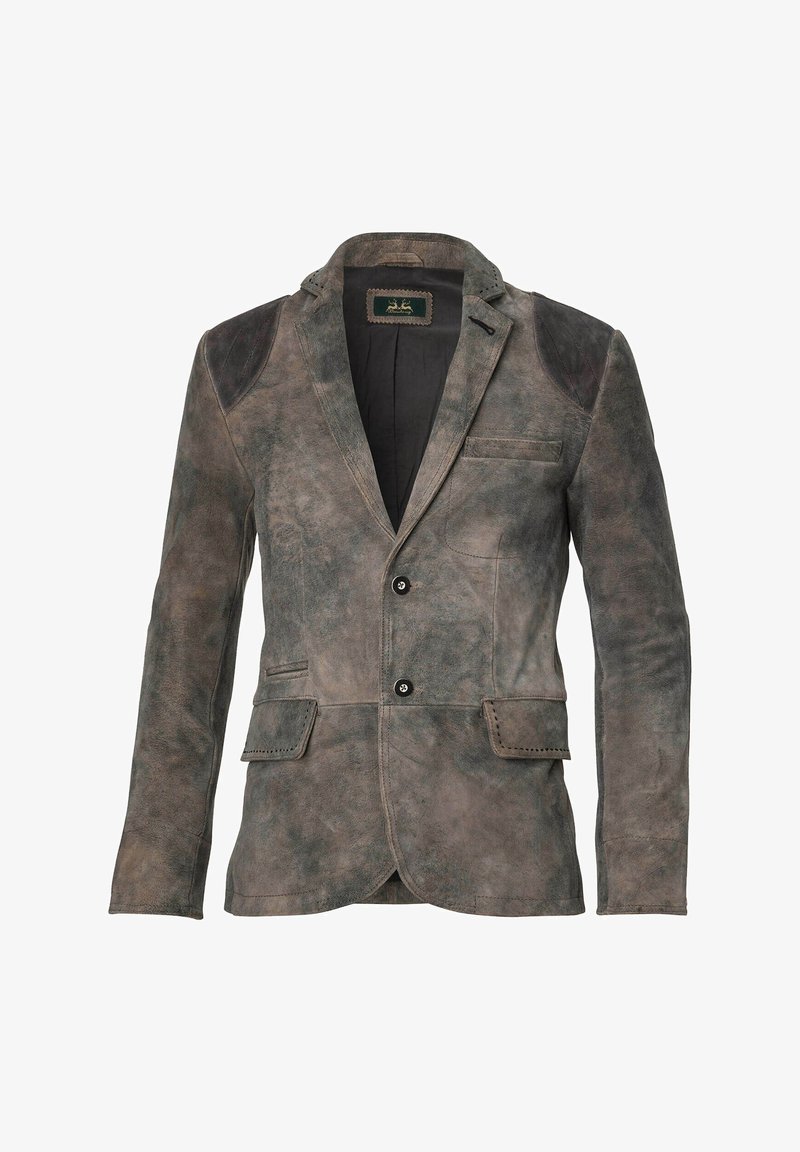 Brauner Lederblazer mit strukturiertem Finish, einreihigem Design, Reverskragen, zwei Fronttaschen und schwarzen Schulterakzenten.