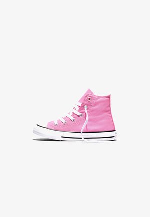Różowy wysoki sneaker z płótna z białą gumową podeszwą, białymi sznurówkami i metalowymi oczkami, przedstawiony z boku na białym tle.