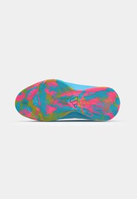 Bright blue sneaker sole featuring a wavy pattern in pink, green, and yellow. Designed for grip with a textured surface.