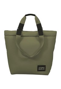 Olivengrøn tote bag med polstret stof, dobbelte sorte håndtag og et logofelt med "STUDIO BERLIN" på forsiden.