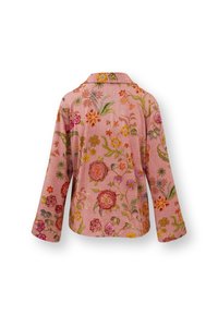 Embroidered jacket in soft pink fabric, featuring floral patterns in vibrant colors, long sleeves, and a classic collar design.