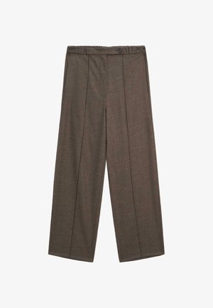 Brown wide-leg trousers with front pleats, buttoned waistband, and side pockets, laid flat on a white background.