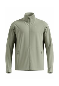 Hellgrüne Zip-up-Jacke aus glattem, synthetischem Stoff. Verfügt über einen Stehkragen, zwei Seitentaschen und ein dezentes Logo auf der Brust.