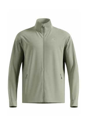 Hellgrüne Zip-up-Jacke aus glattem, synthetischem Stoff. Verfügt über einen Stehkragen, zwei Seitentaschen und ein dezentes Logo auf der Brust.