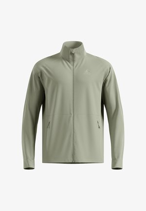 Hellgrüne Zip-up-Jacke aus glattem, synthetischem Stoff. Verfügt über einen Stehkragen, zwei Seitentaschen und ein dezentes Logo auf der Brust.