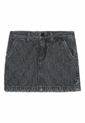 Spódnica dżinsowa w ciemnoszarym kolorze z pikowanym wzorem, z zamkiem na guzik z przodu, dwiema bocznymi kieszeniami i haftowanym dołem.