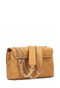 Gesteppte, hellbraune Handtasche mit Kettenriemen, Reißverschlusstasche und geprägt detailiertem Logo. Verfügt über ein strukturiertes Design und eine glatte Lederoberfläche.