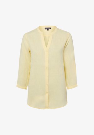 Lichtgele blouse met lange mouwen, knoopsluiting, V-hals en mandarijnkraag, gemaakt van een lichtgewicht, semi-transparante stof.