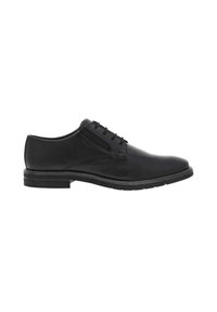 Chaussure habillée en cuir noir avec une finition lisse, dotée d'un design à lacets, d'un bout rond et d'une semelle en caoutchouc basse pour plus de durabilité.