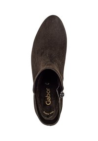 Brown suede ankle boot with a smooth texture, pointed toe, side zipper, and a cushioned insole featuring gold "Gabor" branding.