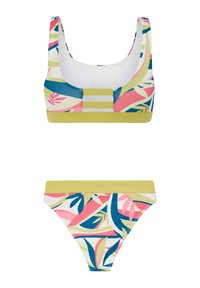 Bikini set s višebojnim uzorkom lisnih na bijeloj podlozi s zelenom trakom. Uključuje top s izrezom i klasične gaćice.