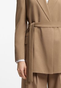 Ταν προσαρμοσμένο σακάκι με σχέδιο τύπου wrap, με ζώνη στη μέση, notch πέτο και λεία υφή υφάσματος. Οι μανσέτες δείχνουν λευκό πουκάμισο από κάτω.