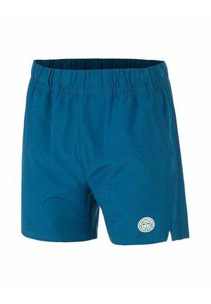 Shorts de sport bleus avec taille élastique, petites fentes sur les côtés et un logo circulaire blanc près de l'ourlet sur la jambe gauche.