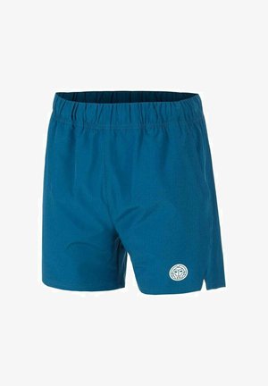 Blauwe sportshorts met een elastische taille, kleine zijsplitten en een wit rond logo nabij de zoom aan de linkerbovenbeen.