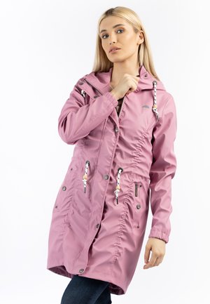 Pink waterproof jacket with a cinched waist, hood, front pockets, and drawstrings, featuring silver hardware and a smooth texture.