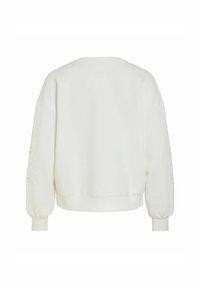 Balta garām piedurknēm džemperis ar ribveida aprocēm un apakšu, piedurknēs ar savāktu audumu, redzams no aizmugures.