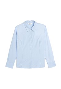 Camisa de botones azul claro con rayas verticales blancas, de manga larga, con cuello y un dobladillo recto. Fabricada con una tela suave y lisa.