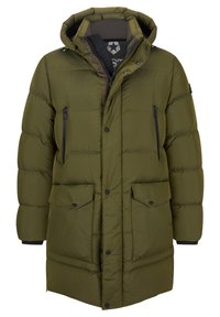 Olivgrüne Daunenjacke mit Kapuze, die eine glatte Textur, zwei Vorderaschen, eine mit Reißverschluss zu verschließende Brusttasche und Druckknopfverschlüsse aufweist.