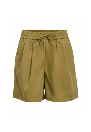 Short kaki avec taille élastique et cordon de serrage réglable, doté de poches latérales et d'une coupe décontractée.