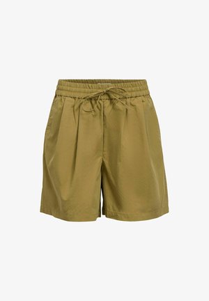 Khaki korte broek met elastische tailleband en verstelbaar trekkoord, met zijzakken en een ruime pasvorm.