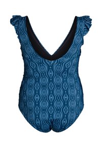 Tumesinise lainelise mustriga ühes tükis ujumistrikoo. Omab volangiga rihmasid ja sügavat V-kaelust. Sees must kontrast.
