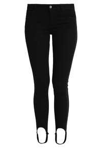 Svarta skinny jeans i denim, med hög midja, fem fickor och ankelöppningar med öljetter. Slät textur och figurnära design.