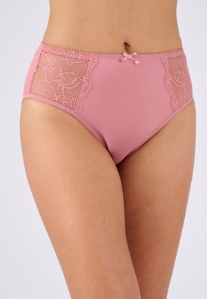 Hoge taille roze onderbroek met kanten zijpanelen, voorzien van een klein strikdetail in het midden. Glad stof met een zachte textuur.