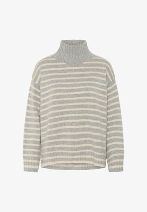 Pull en col roulé gris clair avec des rayures horizontales crème, présentant une coupe décontractée et des poignets et un ourlet côtelés.