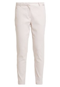 Pantalons ajustés beige clair en tissu texturé, présentant une coupe slim, un devant plat et des poches standard. Aucune décoration ou motif visible.