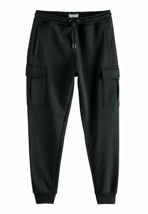 Black sweatpants made of soft fabric, featuring an elastic waistband with drawstring, two side pockets, and two cargo-style pockets.