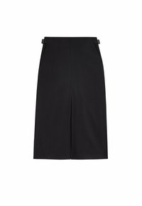 Jupe midi noire au design droit, avec deux poches latérales et des sangles à la taille pour un ajustement. Tissu lisse et texturé.