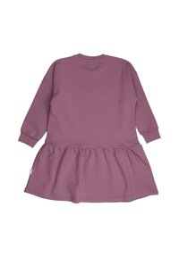 Langes lila Kleid mit gerafftem Saum, aus weichem Material gefertigt, mit einem runden Ausschnitt und gerippten Ärmelbündchen.