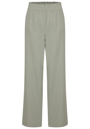 Lichtgroene, wijde broek gemaakt van zachte stof met een elastische tailleband en geen zichtbare sluitingen. Eenvoudig, ongecompliceerd ontwerp.