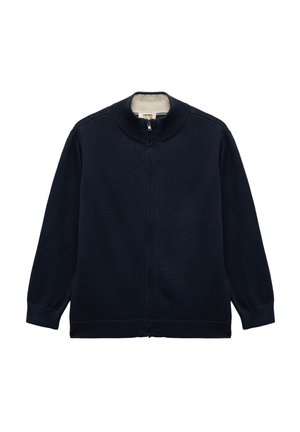 Maglione zip-up in maglia blu navy con colletto alto e polsi a costine. Presenta un colletto interno e una zip di un colore più chiaro a contrasto.