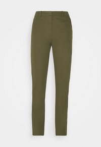Pantaloni su misura verde oliva realizzati in tessuto liscio, con un design a gamba dritta, passanti per la cintura e chiusura con zip e bottone.