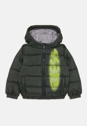 Dark green padded jacket with a gray lining, hood, and front zip. Features a large yellow logo graphic on one side and elastic cuffs.