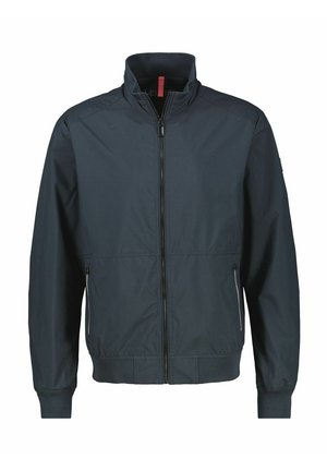 Dark navy lightweight jacket with full front zipper, two zippered side pockets, ribbed cuffs, and high collar.
