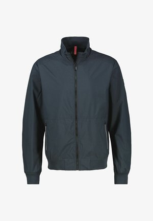 Dark navy lightweight jacket with full front zipper, two zippered side pockets, ribbed cuffs, and high collar.