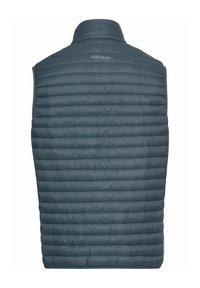 Vatteret vest i mørkeblå, med høj krave og en strømlinet, ærmeløs design. Materialet virker let og syntetisk.